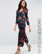 Asos Tall Satin Culotte In Bright Floral Co-ord - Multi