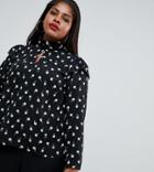 Fashion Union Plus High Neck Blouse In Spot Rose Print - Black