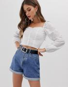 Stradivarius Broderie Button Front Blouse With Square Neck In White - White