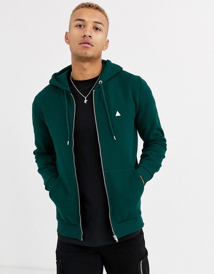 Asos Design Zip Up Hoodie In Dark Green With Triangle