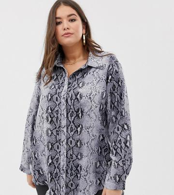 Prettylittlething Plus Oversized Blouse In Gray Snake - Multi