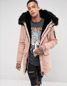 Sixth June Parka Jacket In Pink With Extreme Faux Fur Hood - Pink