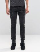 Asos Skinny Jeans In Biker Style With Rip Details - Black