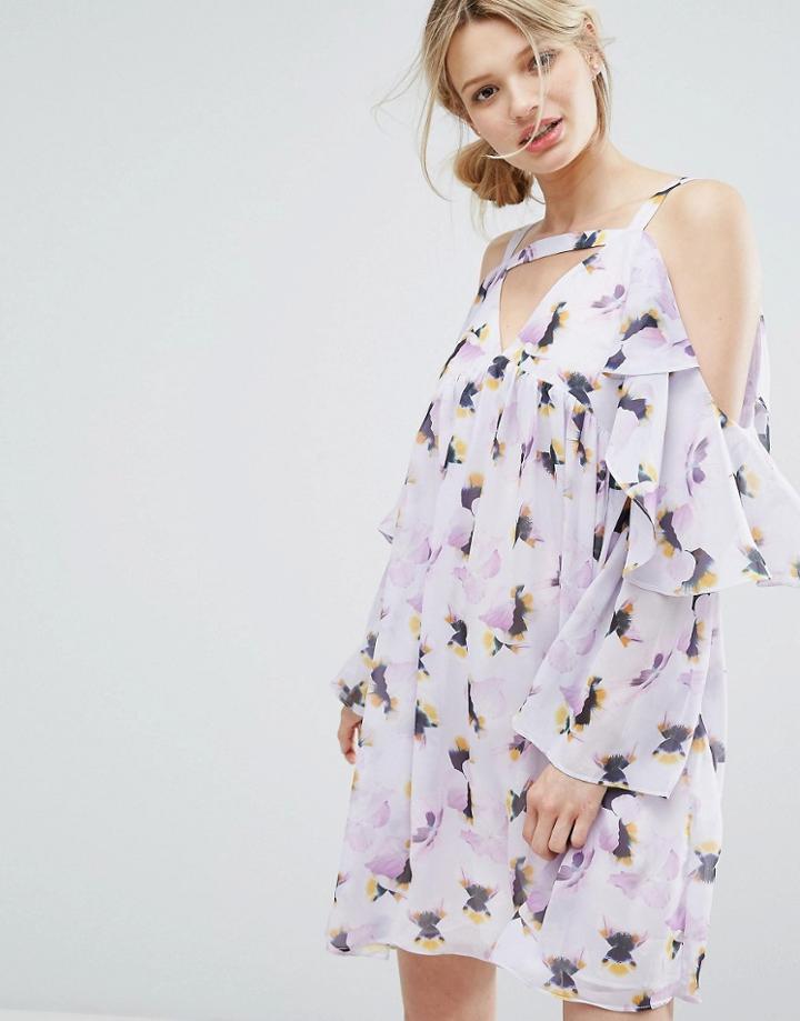 Lost Ink Frill Dress In Pansy Print - Purple