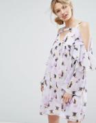 Lost Ink Frill Dress In Pansy Print - Purple