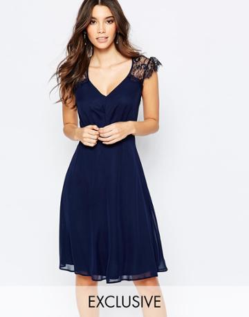 Elise Ryan Lace Midi Prom Dress - Navy