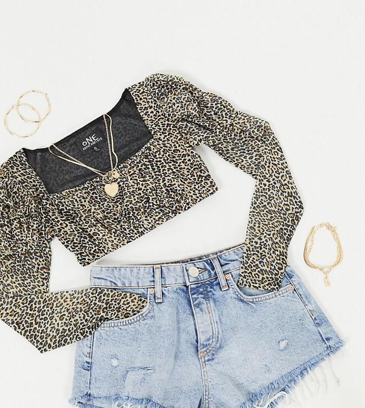 One Above Another Milkmaid Top With Volume Sleeves In Leopard Mesh-multi