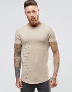 Asos Longline Muscle T-shirt With Speckle Distress And Curved Hem In Beige - Silver Mink