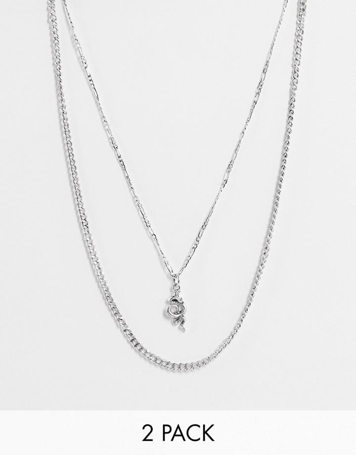 Asos Design 2 Pack Layered Necklace With Vintage Design And Snake Pendant In Silver Tone