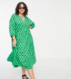 Asos Design Curve Midi Smock Dress With Wrap Top In Green And Black Spot