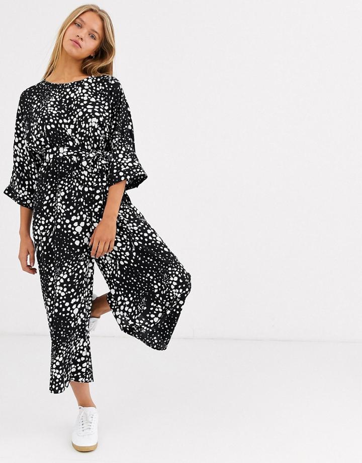 Asos Design Tie Waist Jumpsuit In Black Base Animal Print