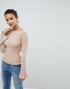 Fashion Union 90s Ribbed Sweater With Flared Sleeves - Beige