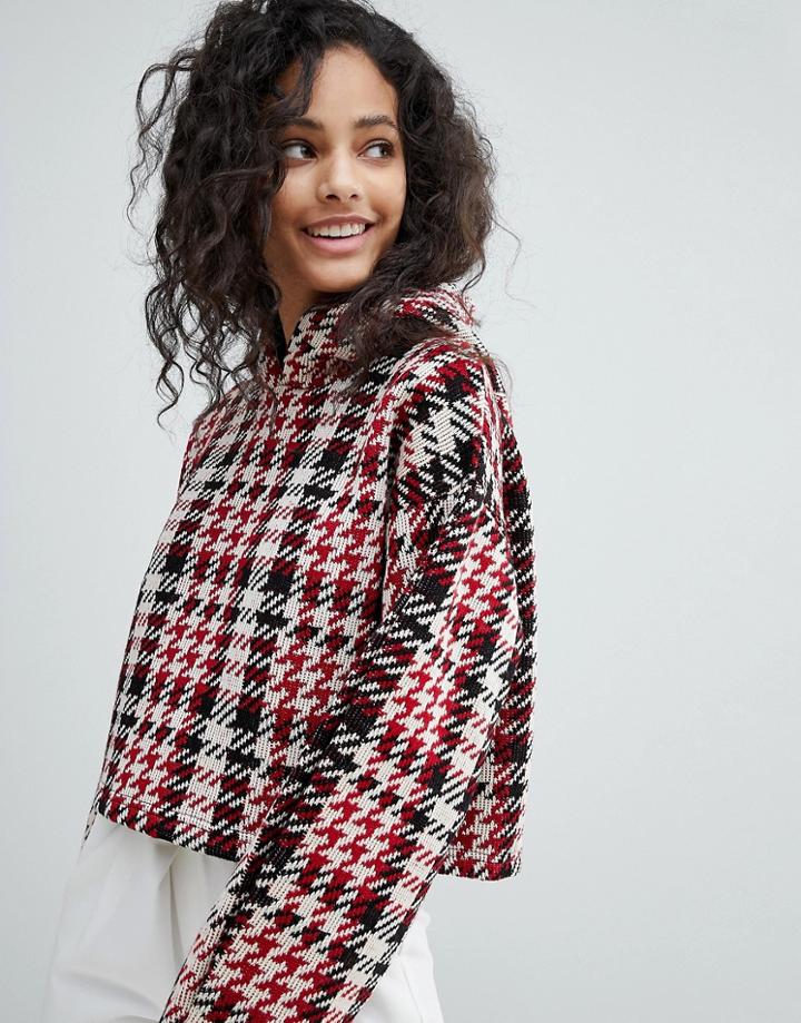 Bershka Knitted Check Cropped Hoodie - Multi