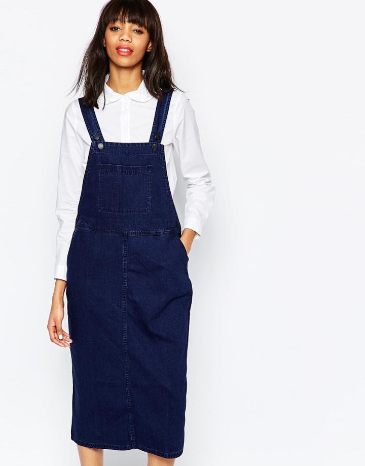 Monki Denim Overall Midi Dress - Blue