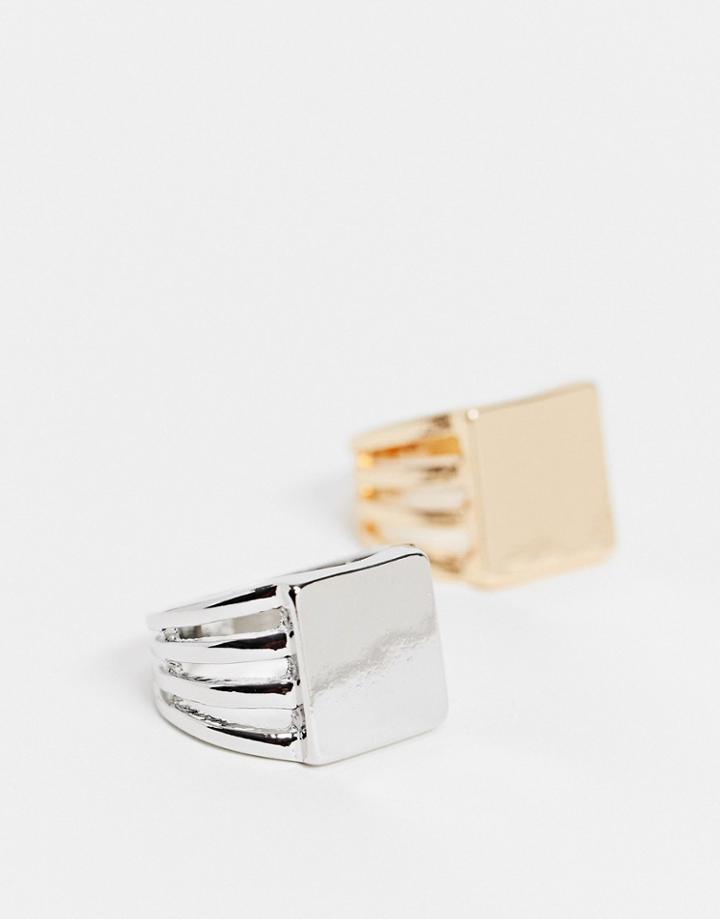 Asos Design Pack Of 2 Square Sovereign Rings-multi