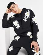 Asos Design Oversized Hoodie In Black With All Over Daisy Prints - Part Of A Set