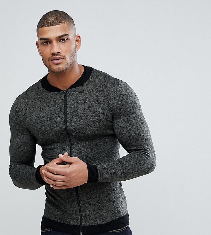 Asos Tall Knitted Muscle Fit Bomber Jacket In Khaki Twist - Green