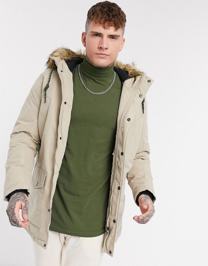 Jack & Jones Originals Parka With Faux Fur Hood In Beige-neutral