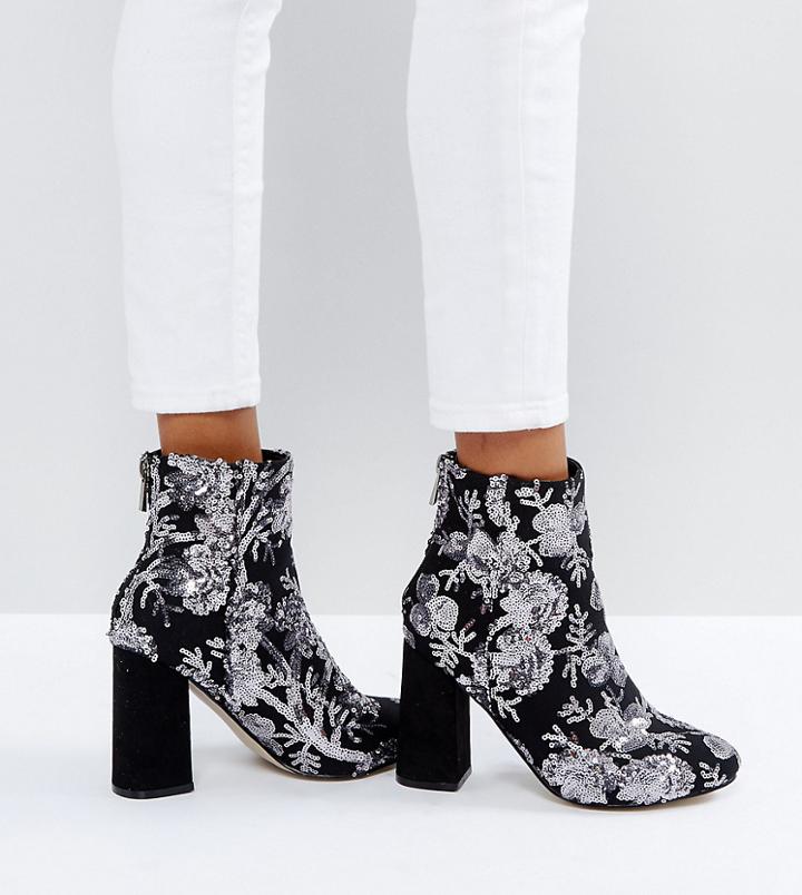 New Look Floral Sequin Embellished Heeled Ankle Boot