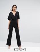 Silver Bloom Kimono Sleeve Jumpsuit With Wide Leg - Black