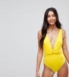 Asos Tall Plunge Ruched Front Swimsuit - Yellow