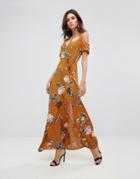 Ax Paris Cold Shoulder Bold Floral Maxi Dress With Tie Waist - Tan