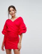 Lioness Off Shoulder Mini Dress With Ruched Sleeve Detail - Red