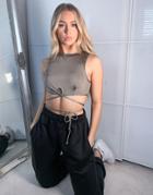 Asos Design Slinky Suit Crop Top With 90s Tie Waist In Khaki - Part Of A Set-green