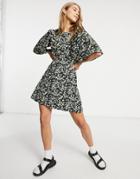 Fashion Union Mini Dress With Ruffle Sleeve In Micro Floral-black