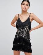 Love Triangle Lace And Fringe Detail Mini Dress - Black