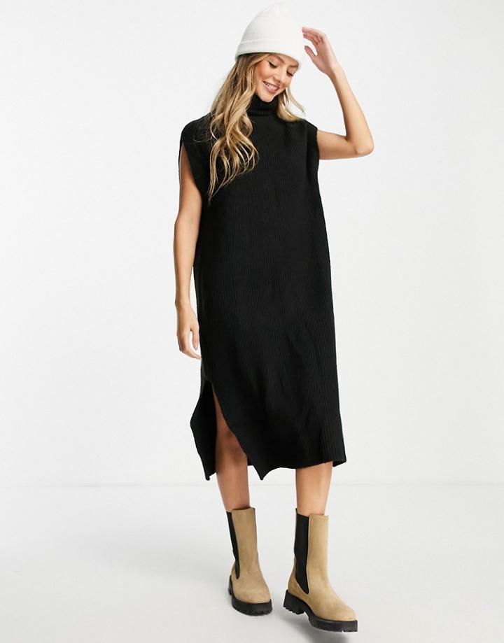 Monki Recycled High Neck Sleeveless Midi Knit Dress In Black