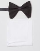 Asos Bow Tie In Black Texture With White Pocket Square Pack - Multi