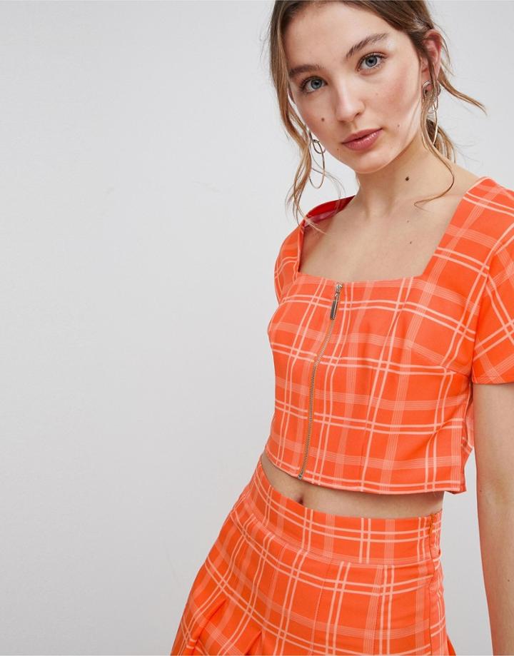 Unique 21 Square Neck Fitted Top With Zip Front In Check Co-ord - Orange