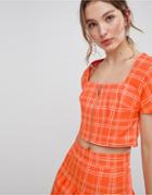 Unique 21 Square Neck Fitted Top With Zip Front In Check Co-ord - Orange