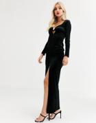 Asos Design Long Sleeve Velvet Embellished Trim Maxi Dress-black