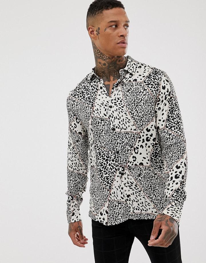 Pull & Bear Revere Collar Shirt In Geo-tribal Print - White