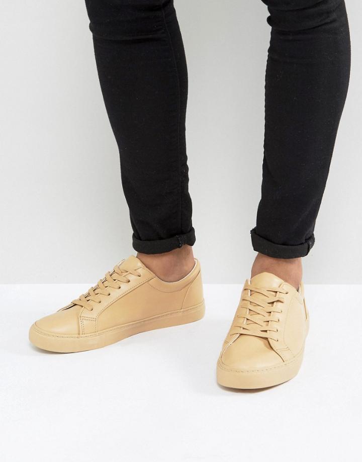 Asos Lace Up Sneakers In Natural Leather Look - Stone
