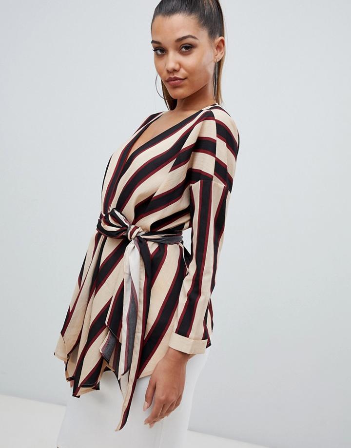 Prettylittlething Tie Waist Blouse In Stripe - White