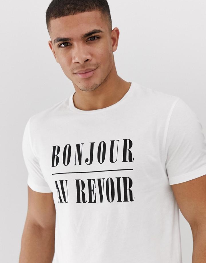 Asos Design T-shirt With Bonjour Text Chest Placement - White