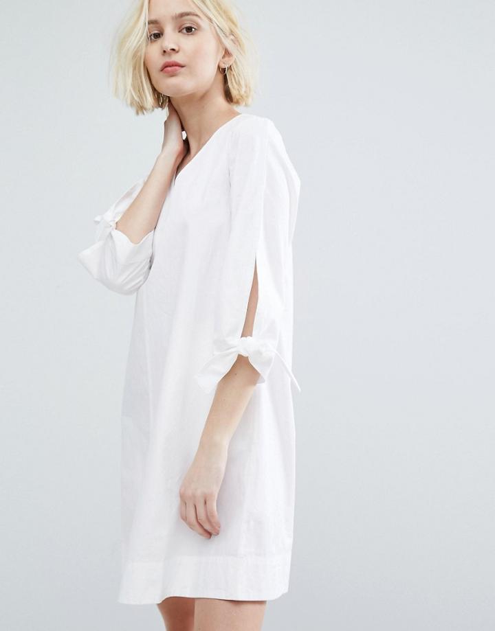 Native Youth Minimal A-line Dress With Tie Sleeve Details - White