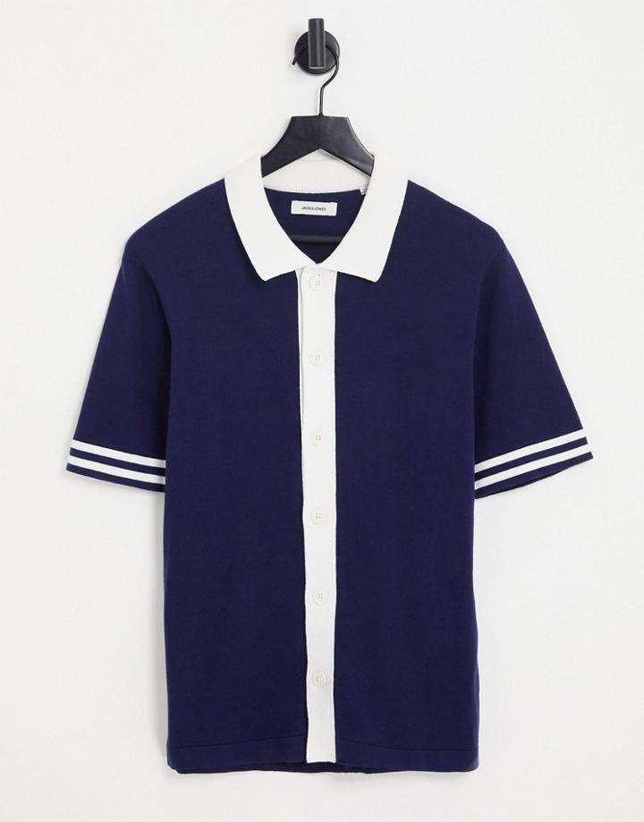Jack & Jones Premium Knitted Polo In Navy With Stripe Tipping Detail