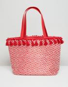 Miss Selfridge Tassel Rim Tote Bag - Red