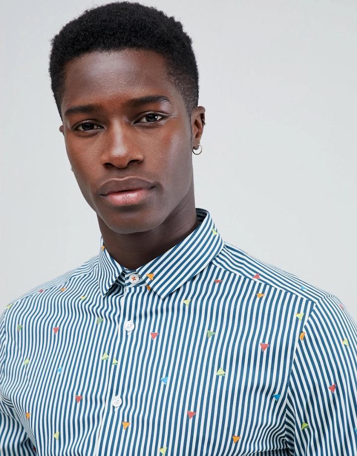 Asos Design Smart Slim Stripe Work Shirt With Embroidery - Blue