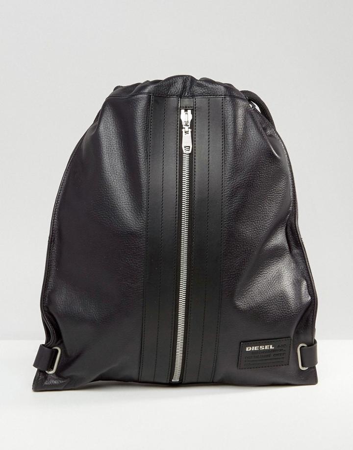 Diesel Leather Twice Leather Backpack In Black - Black