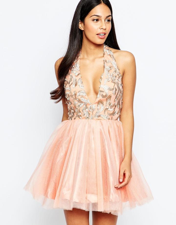 Rare Opulence Organza Dress With Plunge Neck - Pink
