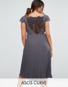 Asos Curve Wedding Lace And Pleat Midi Dress - Gray