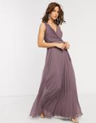 Asos Design Wrap Bodice Maxi Dress With Tie Waist And Pleat Skirt-purple