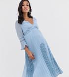 Asos Design Maternity Plunge Neck Lace Insert Pleated Midi Dress-blue