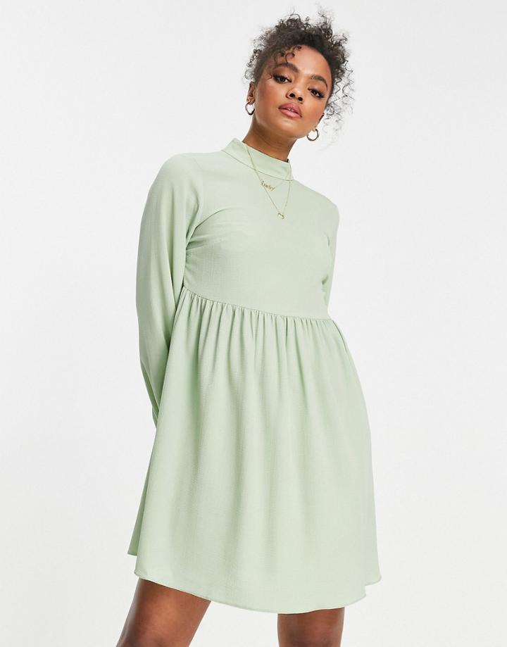 Asos Design Long Sleeve Mini Dress In Khaki-green