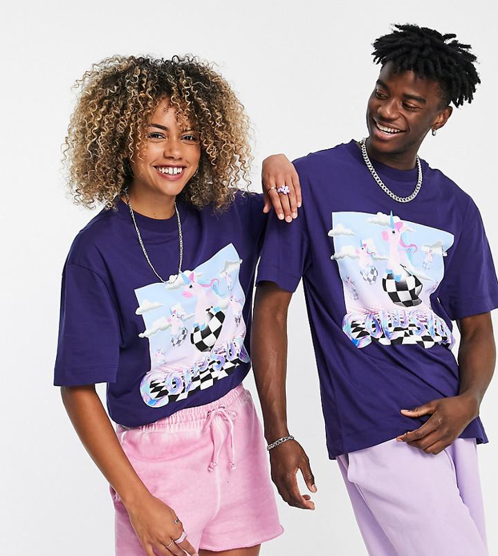 Collusion Unisex T-shirt With Unicorn Print In Dark Blue